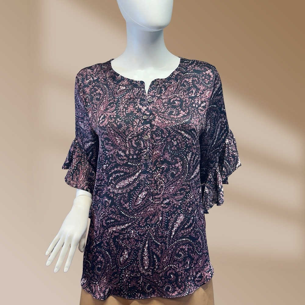 Vince Camuto Ladies Purple Paisley Print Flowy Flutter Sleeve Top Size Med NWOT